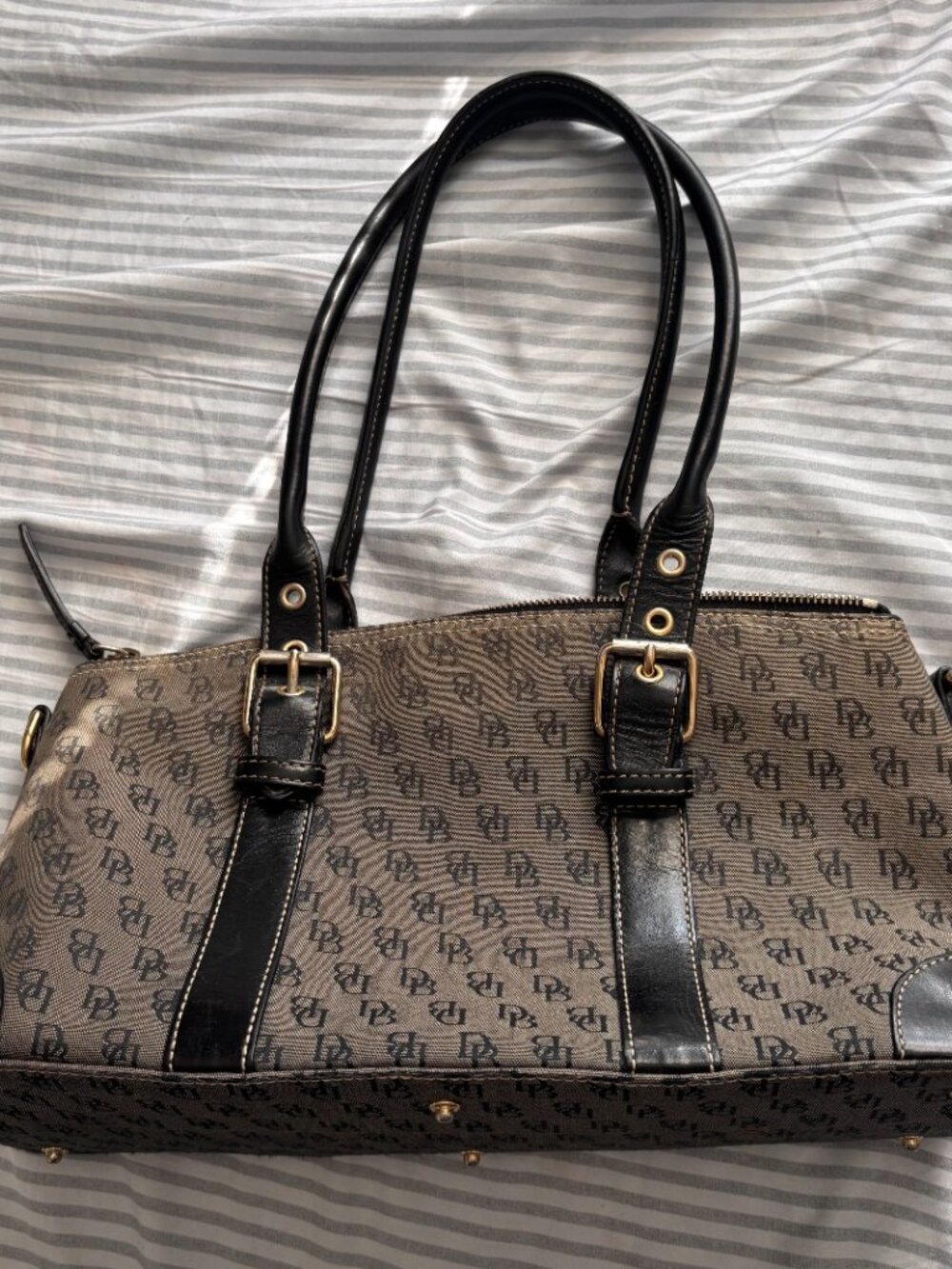 Dooney and Bourke Black & Gray Leather and Jacquard Handbag